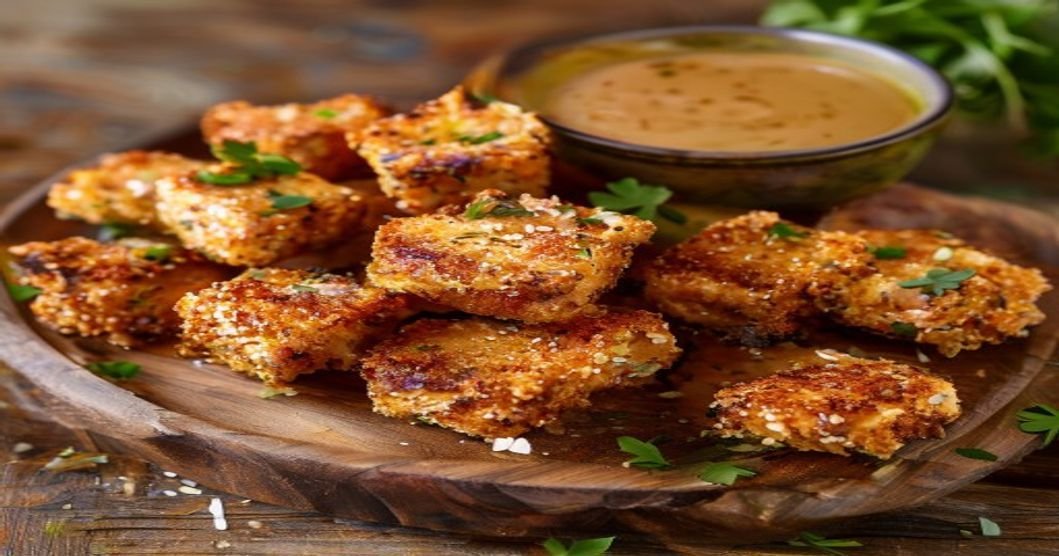 Crispy baked tofu nuggets with creamy vegan honey mustard dip (118 characters)