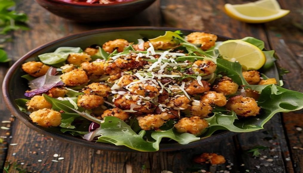 Crispy harissa chickpea Caesar salad with tahini dressing