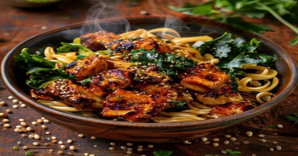 Crispy harissa tofu & lentil pasta with spiced kale