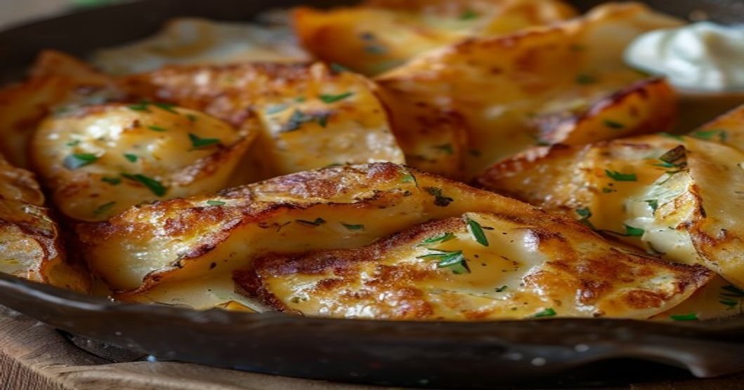 Crispy pan-fried potato & onion pierogies with golden crust.