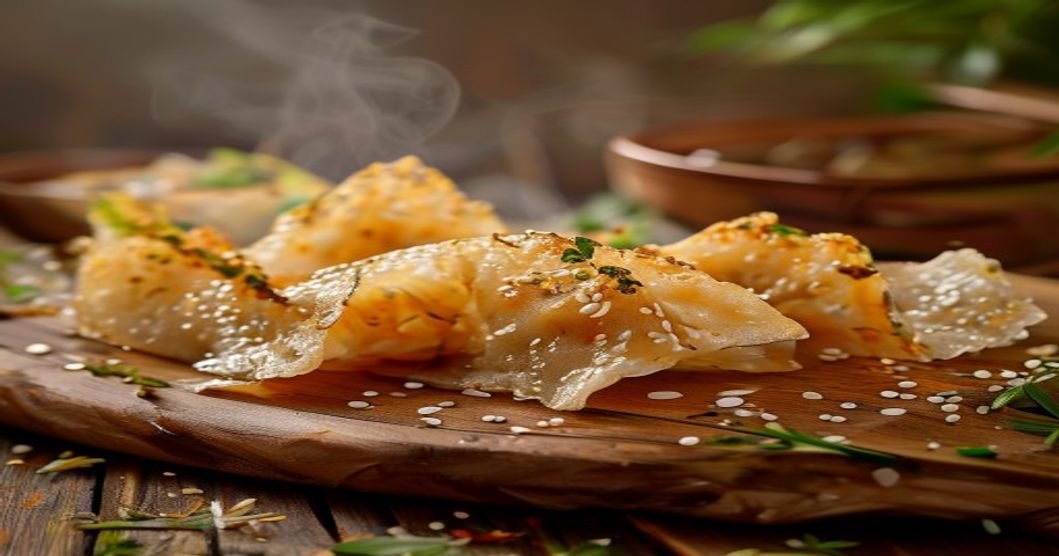 Vegan gluten-free crispy rice paper dumplings with savory filling (118 characters)