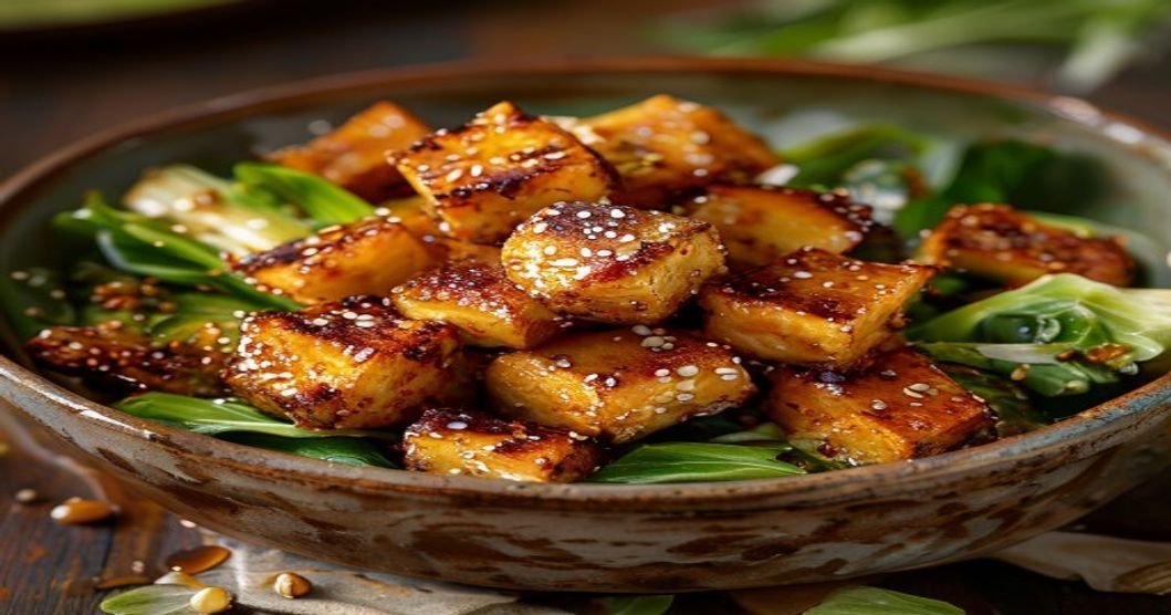 Crispy sesame tofu bowl with steamed bok choy and savory sauce (118 characters)