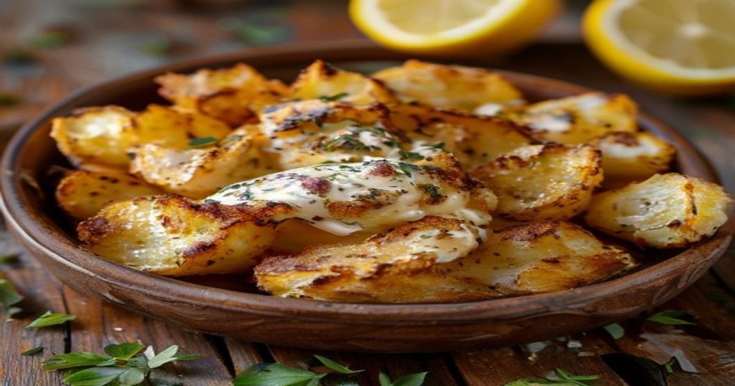 Crispy smashed potatoes with quick garlic aioli