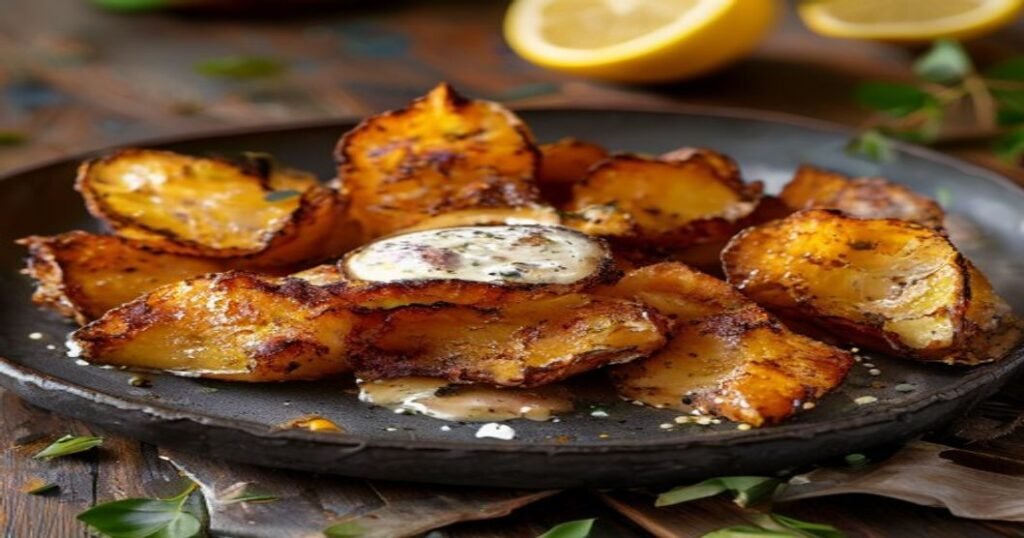Crispy smashed sweet potatoes with vegan garlic aioli