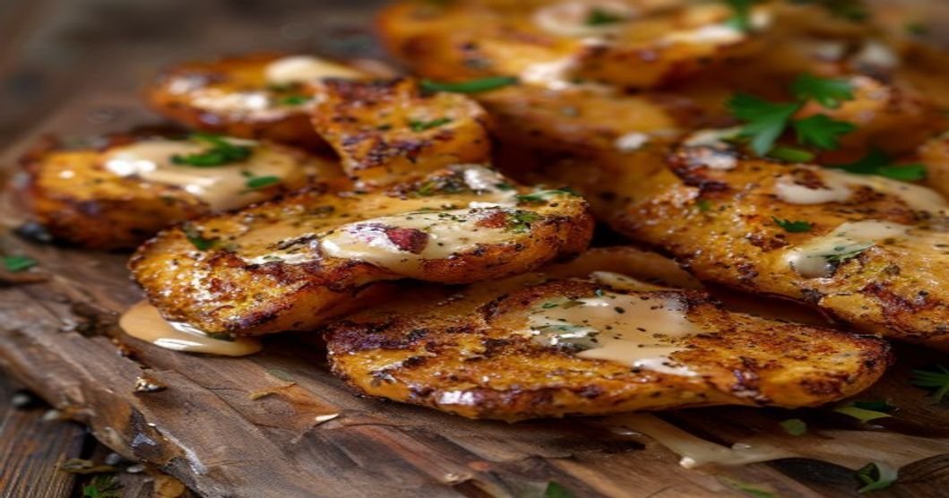 Crispy smashed sweet potatoes with creamy vegan garlic aioli recipe (118 characters)