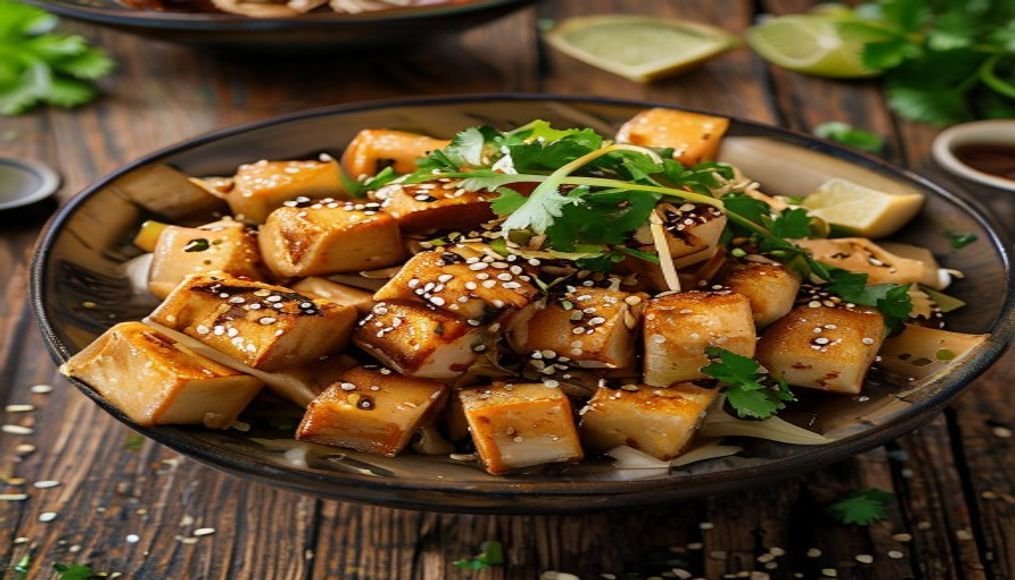 Crispy tofu sesame soba noodle salad with healthy veggies