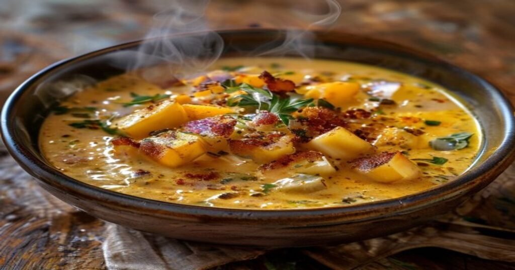 Dairy-free creamy corn chowder in a bowl with fresh herbs and black pepper (119 characters)