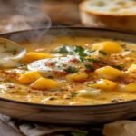 Dairy-free creamy corn chowder in a bowl with fresh herbs and black pepper (119 characters)