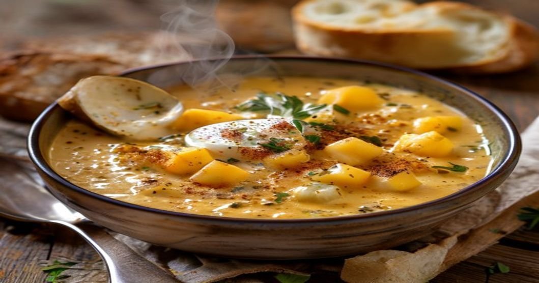 Dairy-free creamy corn chowder in a bowl with fresh herbs and black pepper (119 characters)