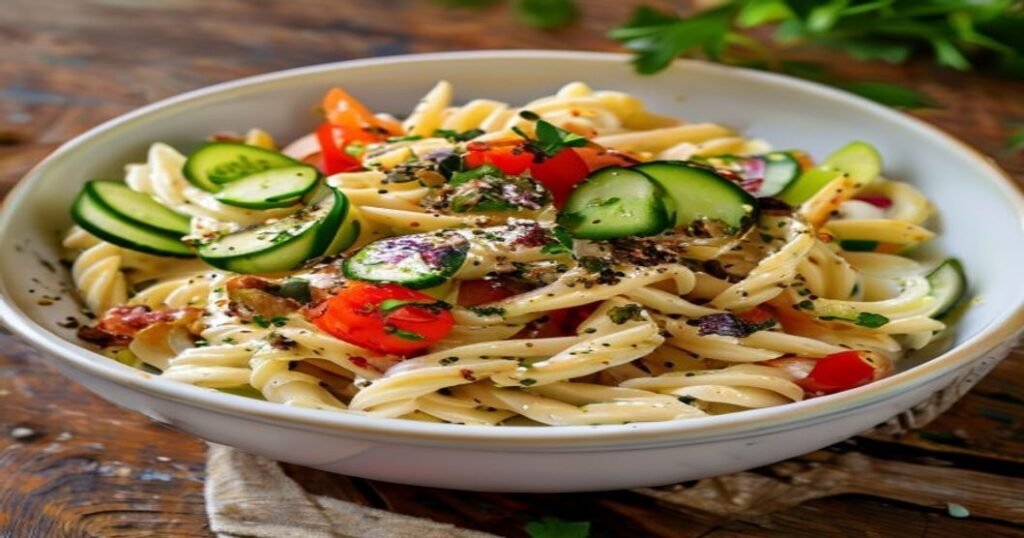 Dairy-free vegan ranch pasta salad with fresh veggies