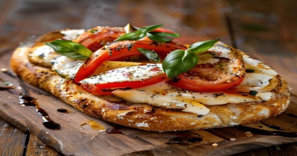 Vegan Caprese panini with creamy cashew mozzarella and fresh basil on toasted bread (118 characters)