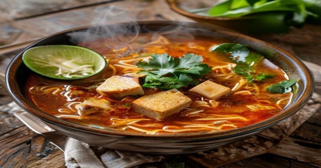 Easy vegan red curry noodle soup with coconut milk and veggies