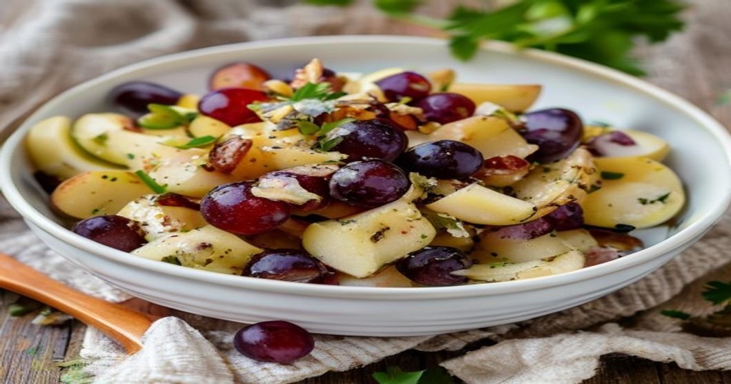 Easy vegan Waldorf salad with crisp apples, walnuts, celery, and creamy dressing in a bowl