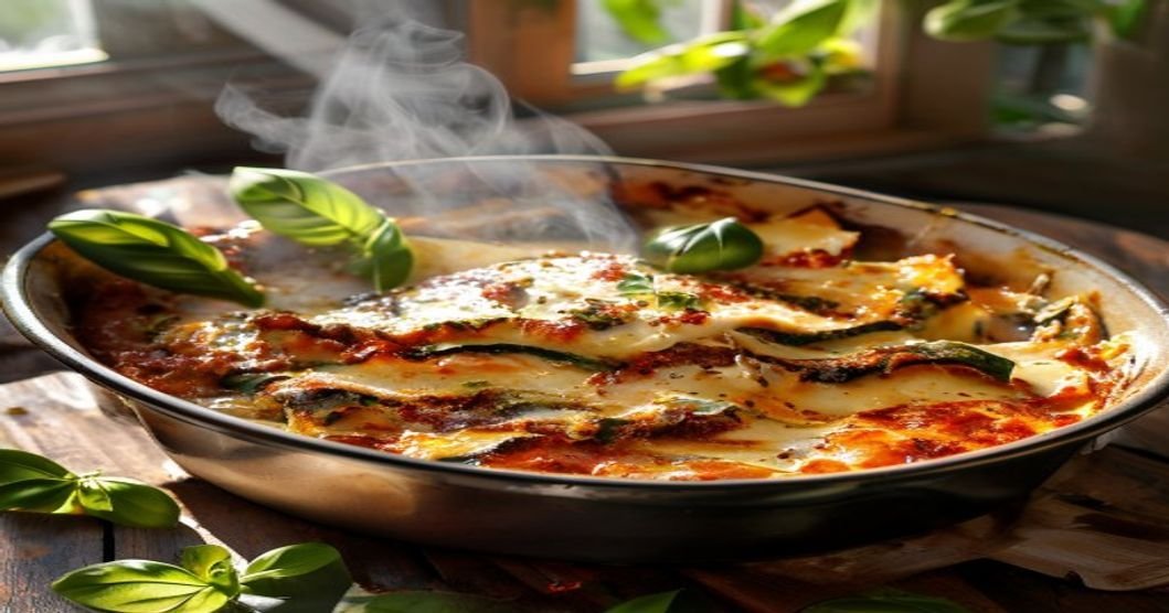 Easy vegan zucchini lasagna, no noodles, layered with veggies & plant-based cheese