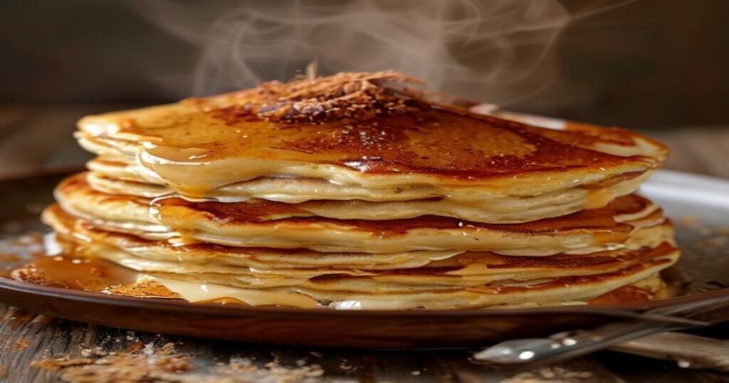 Fluffy eggless cinnamon roll pancakes with sweet glaze and warm spice (118 characters)
