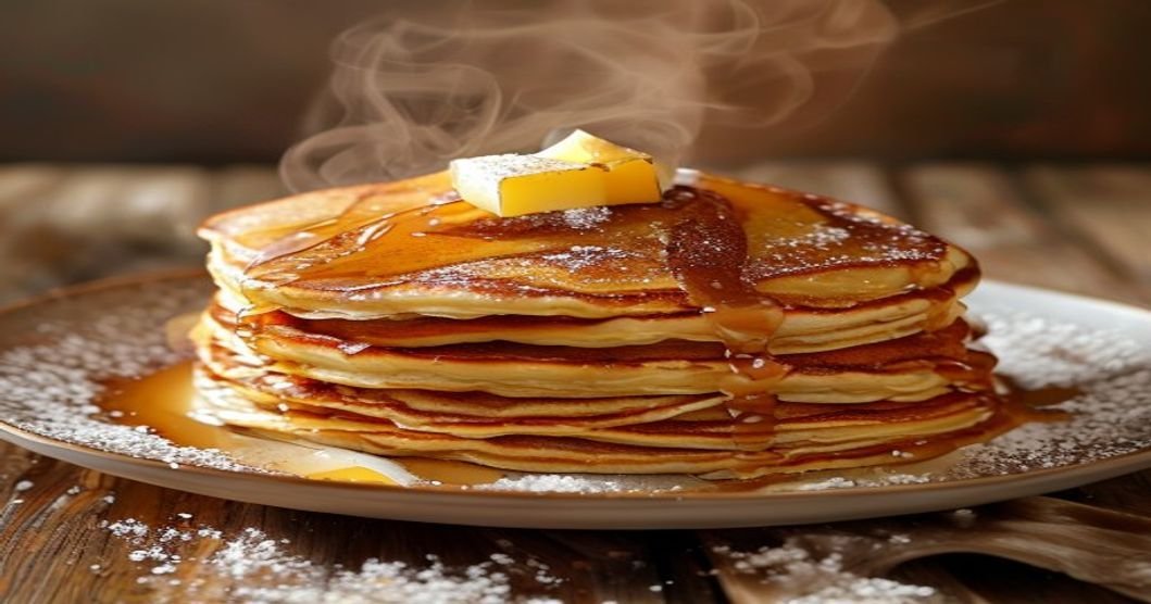 Fluffy eggless cinnamon roll pancakes with sweet glaze and warm spice (118 characters)