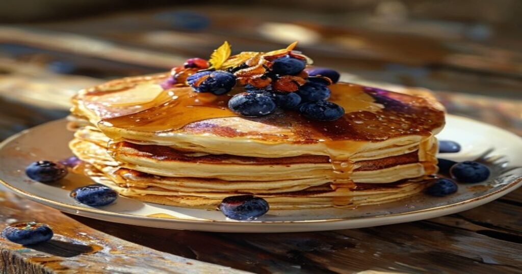Fluffy Greek yogurt blueberry pancakes stack