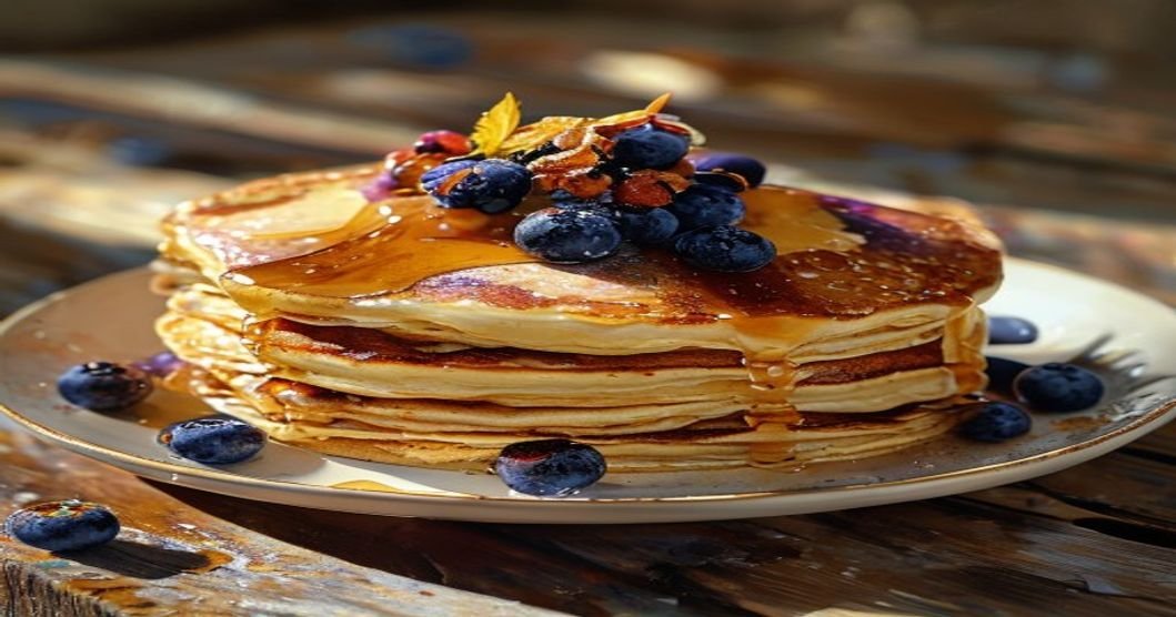 Fluffy Greek yogurt blueberry pancakes stack