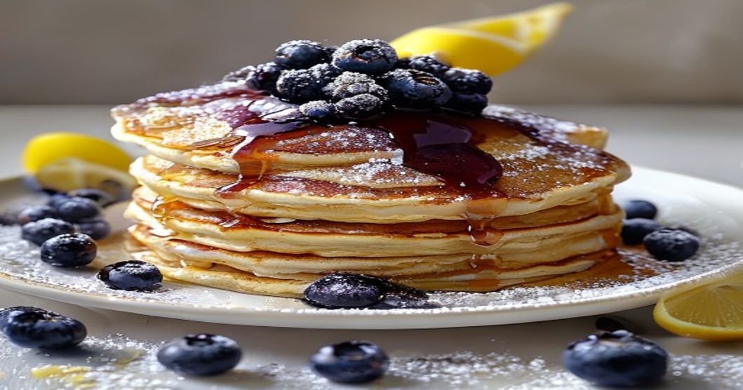 Fluffy ricotta pancakes with blueberry syrup