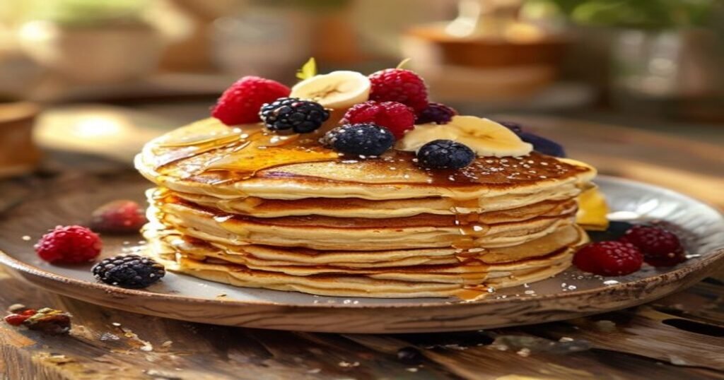Fluffy vegan gluten-free buckwheat pancakes stack with berries and maple syrup (119 characters)