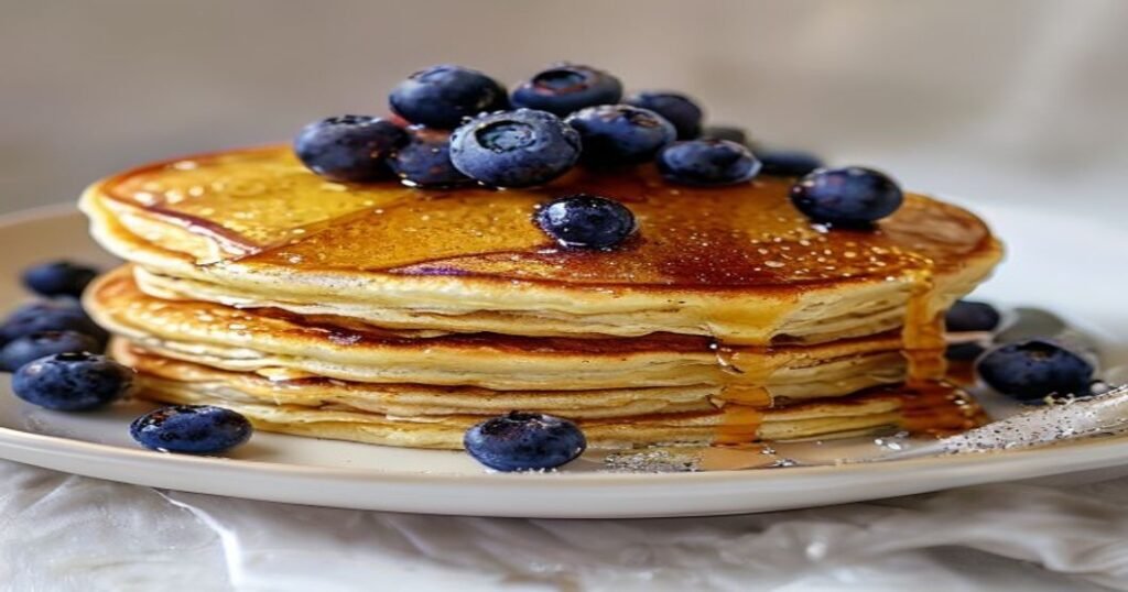 Fluffy vegan lemon blueberry pancakes stack
