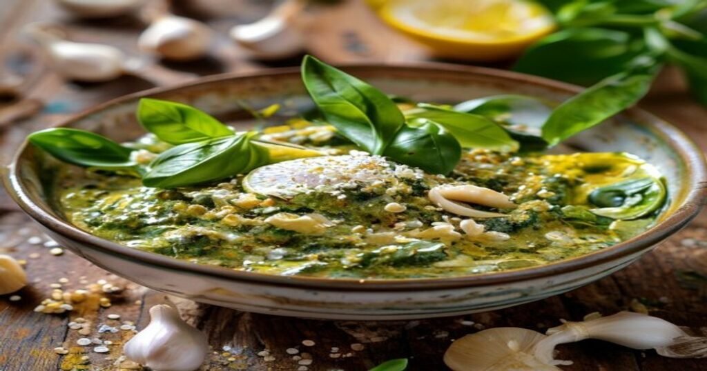 Fresh Spring Garlic Pesto: Vibrant green vegan pesto in a bowl with fresh garlic and basil.