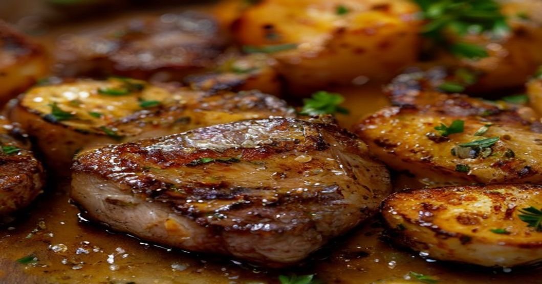 Garlic butter steak bites with crispy roasted potatoes, savory and tender (119 characters)