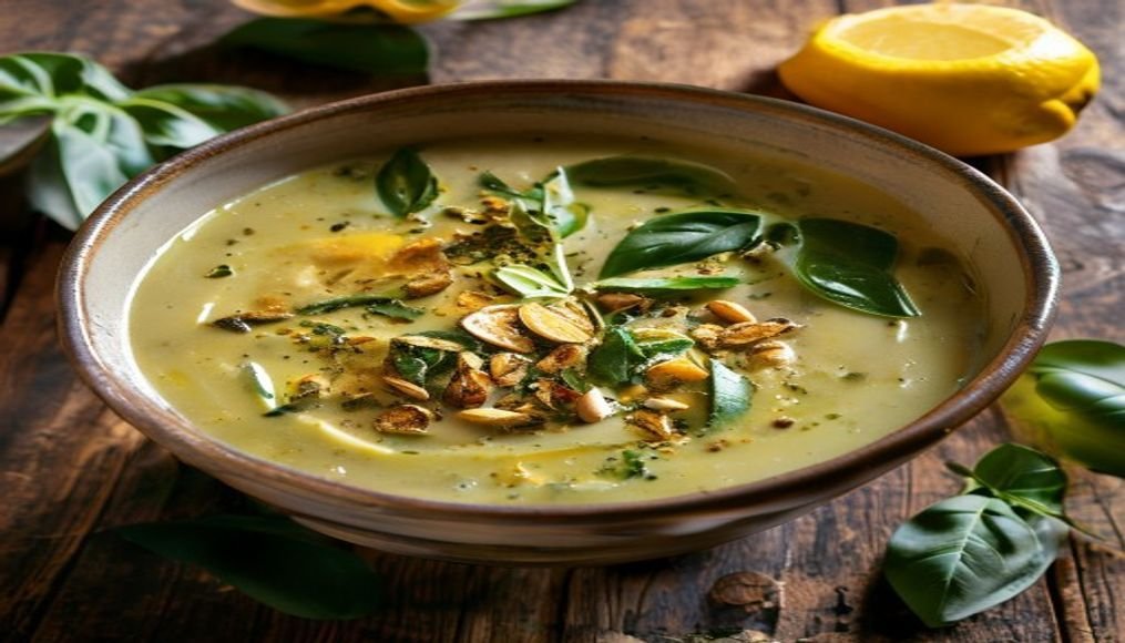Gut-healthy creamy zucchini pesto soup topped with roasted seeds