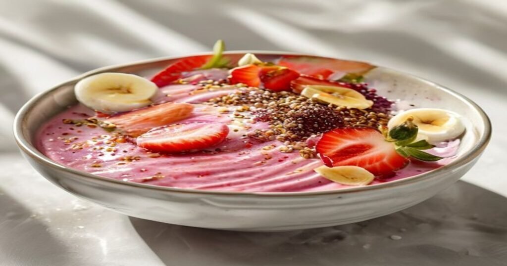Healthy dairy-free strawberry smoothie bowl with fresh fruit