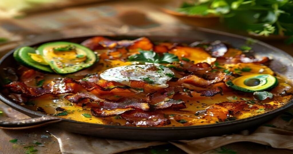 Healthy sweet potato breakfast hash with veggies and eggs