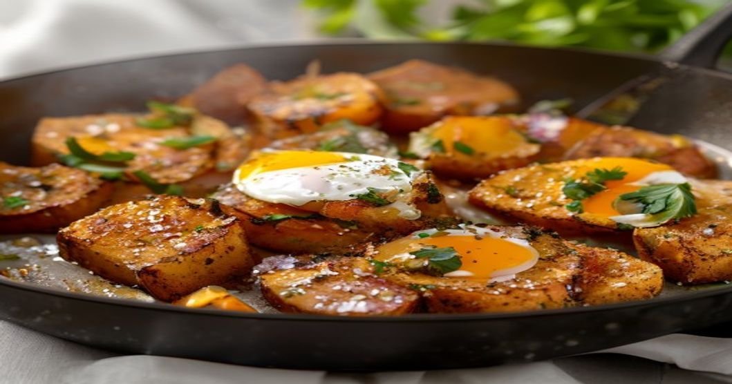 Healthy sweet potato breakfast hash with veggies and eggs