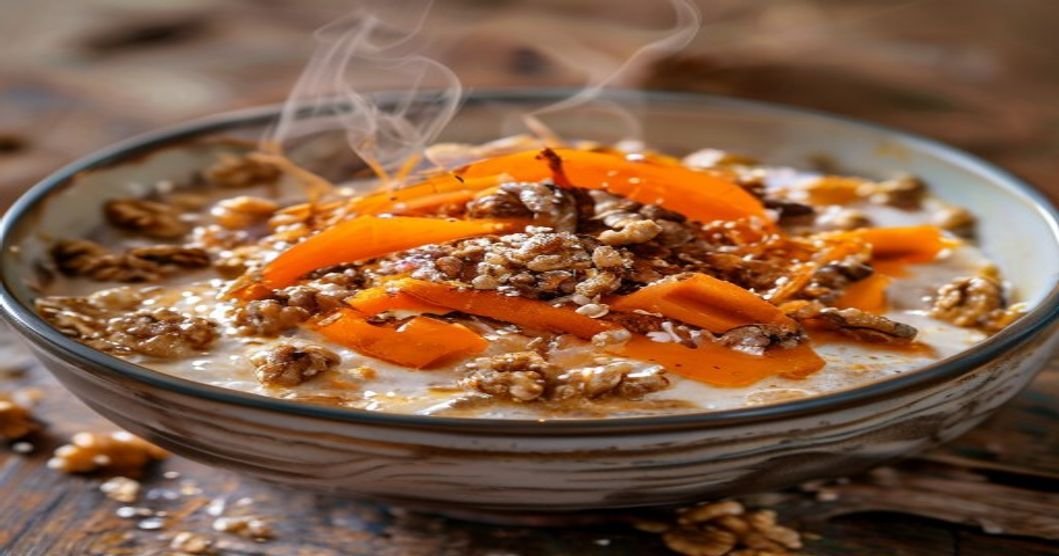 Fresh vegan carrot cake oatmeal with walnuts and cinnamon in a bowl (118 characters)