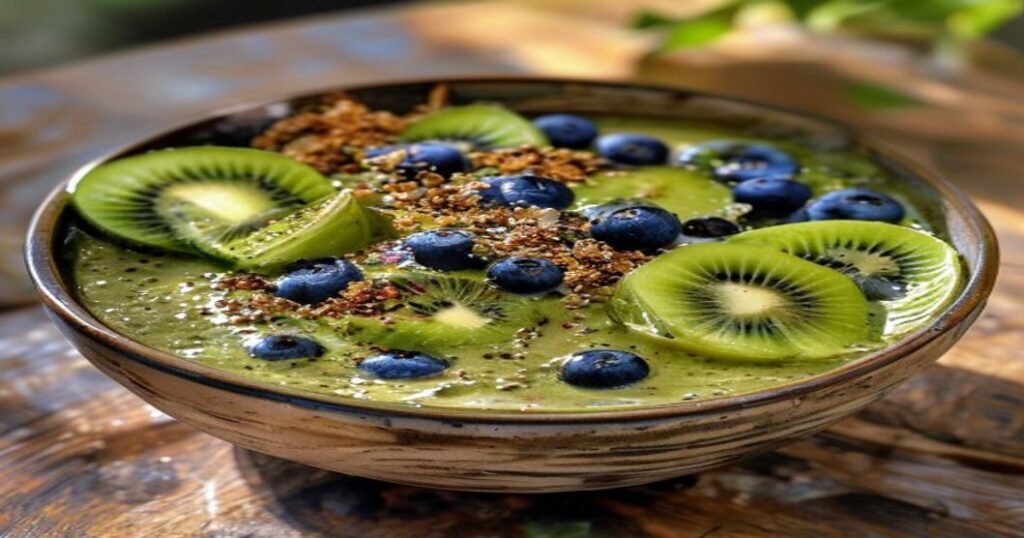 Fresh vegan green smoothie bowl topped with chia seeds and berries Nutrient-packed green smoothie bowl with chia seeds Vibrant vegan smoothie bowl with chia seeds and greens Creamy green smoothie bowl topped with chia seeds Healthy vegan breakfast bowl with chia seeds and fruit