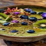 Fresh vegan green smoothie bowl topped with chia seeds and berries Nutrient-packed vegan smoothie bowl with chia seeds and greens Vibrant green smoothie bowl with chia seeds for a healthy breakfast Creamy vegan smoothie bowl with chia seeds and fresh fruit Quick vegan green smoothie bowl with chia seeds and toppings