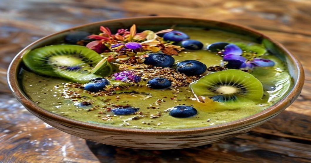 Fresh vegan green smoothie bowl topped with chia seeds and berries Nutrient-packed vegan smoothie bowl with chia seeds and greens Vibrant green smoothie bowl with chia seeds for a healthy breakfast Creamy vegan smoothie bowl with chia seeds and fresh fruit Quick vegan green smoothie bowl with chia seeds and toppings