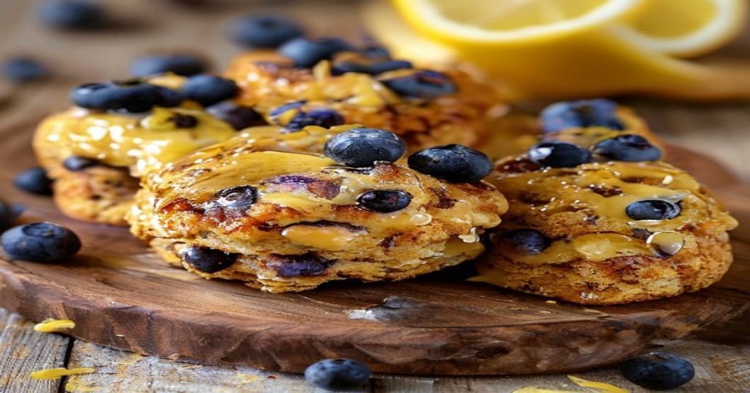 Fresh vegan lemon blueberry scones with zesty glaze on wooden board (118 chars)
