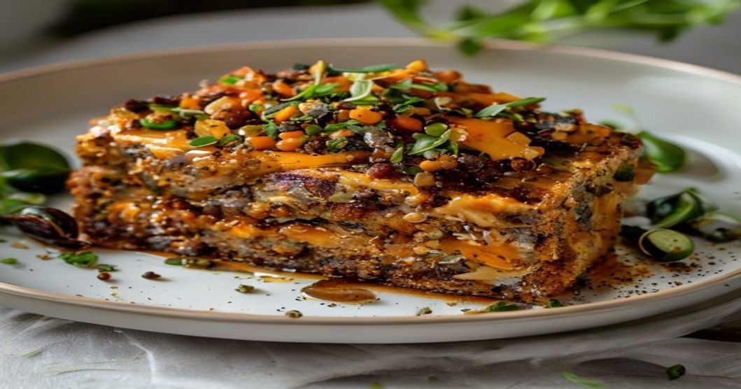 Healthy vegan lentil loaf with maple glaze on white plate