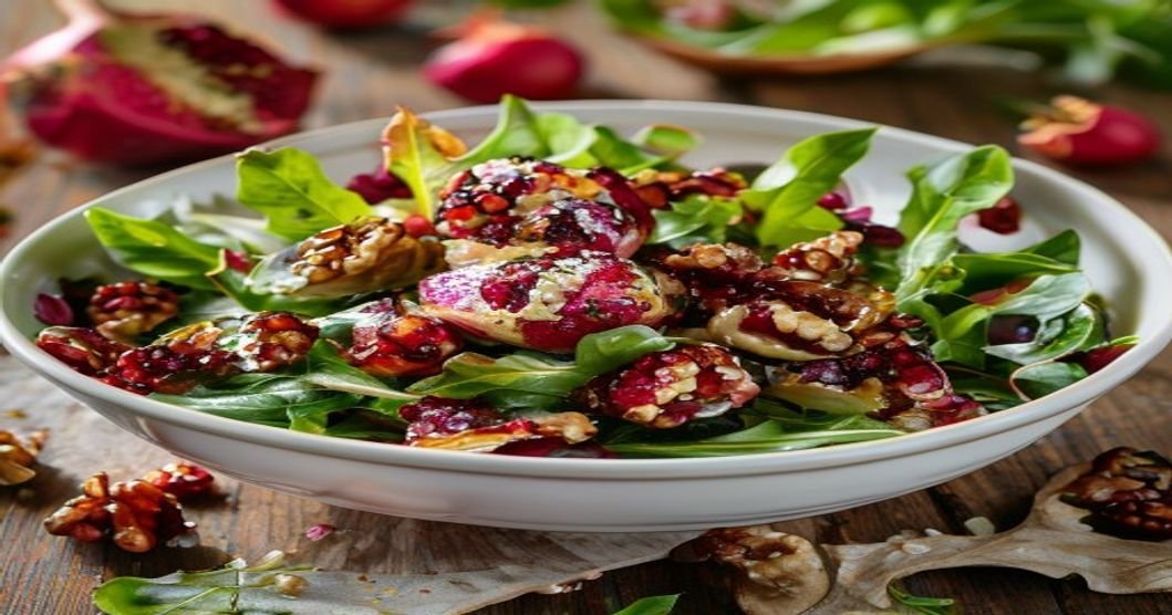 Healthy vegan salad with pomegranate & walnuts on a bed of greens