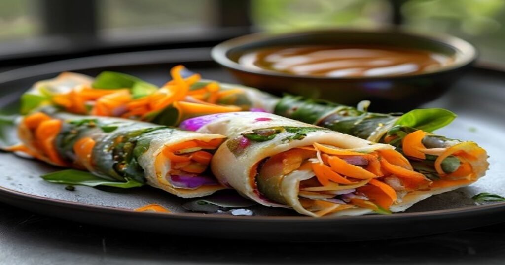 Healthy vegan rainbow spring rolls with peanut dip