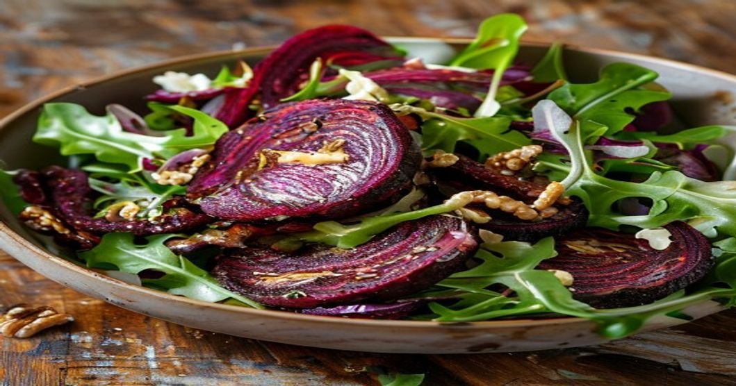 Healthy vegan roasted beet & arugula salad with tangy dressing