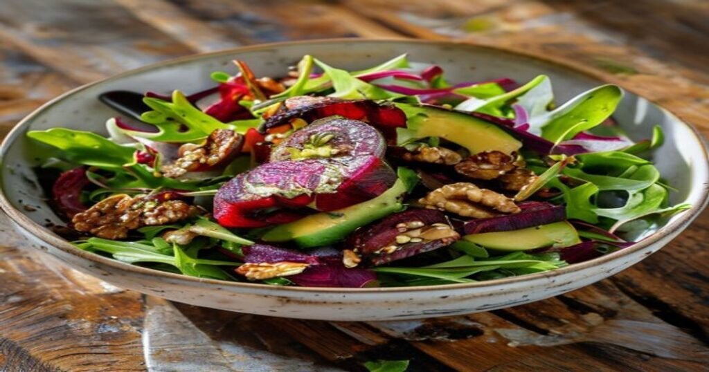 Healthy vegan roasted beet & arugula salad with tangy dressing