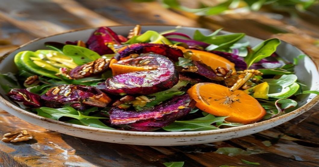 Healthy vegan roasted beet & citrus salad with greens