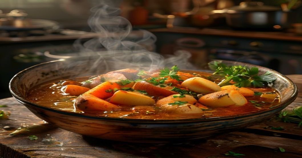 Hearty vegan Irish stew with root vegetables in a rich broth