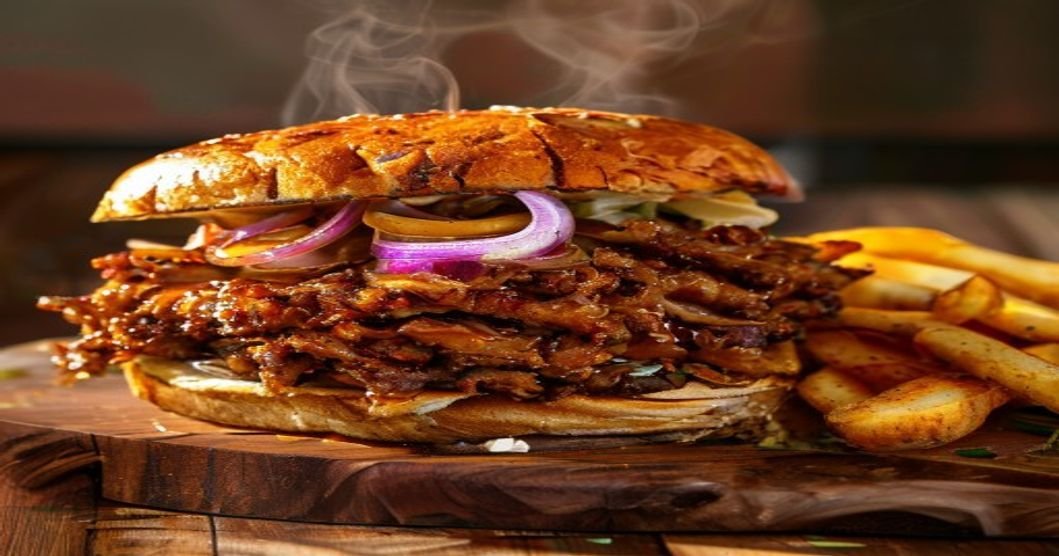 Here are concise, SEO-friendly alt text options under 120 characters: 1. **Vegan jackfruit brisket sandwich with tangy BBQ sauce on a bun** 2. **Plant-based jackfruit brisket sandwich with smoky vegan flavors** 3. **Hearty vegan sandwich with shredded jackfruit brisket and coleslaw** 4. **Meaty jackfruit brisket sandwich—100% plant-based and delicious** 5. **BBQ jackfruit brisket sandwich, vegan comfort food at its best**