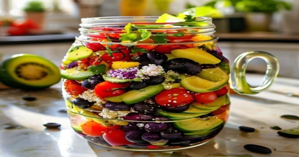 High-protein quinoa black bean salad jars for meal prep (118 characters)