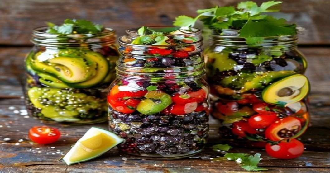 High-protein quinoa black bean salad jars for meal prep (119 characters)