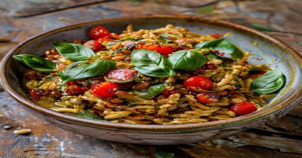 High-protein red lentil pasta with vegan pesto