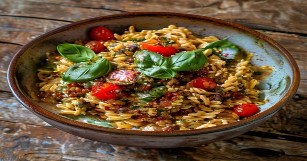 High-protein red lentil pasta with vegan pesto