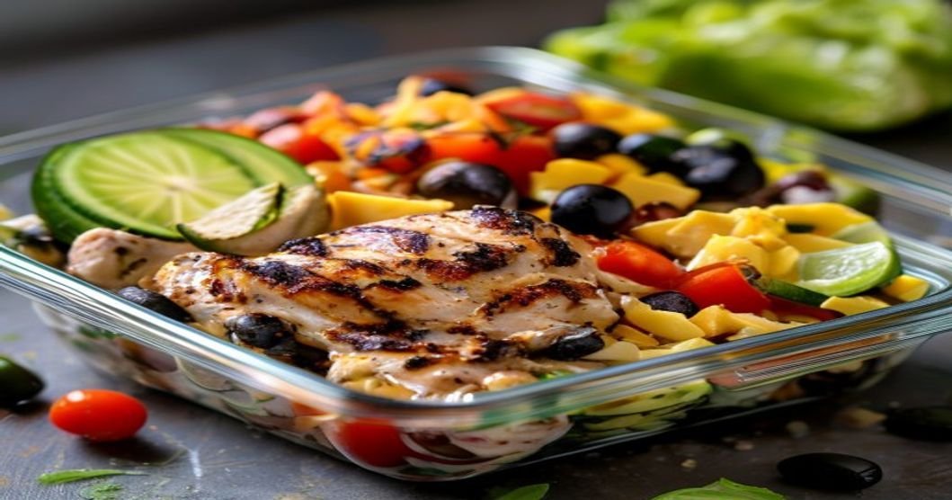 High-protein Southwest chicken salad meal prep with fresh veggies & dressing