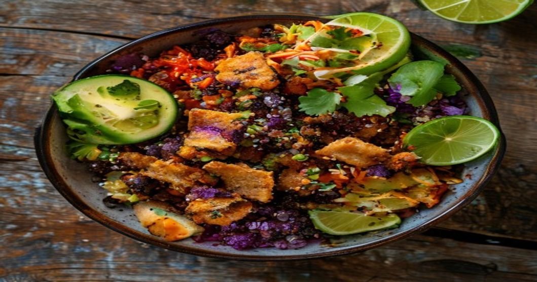 High-protein tempeh taco bowl with spicy slaw